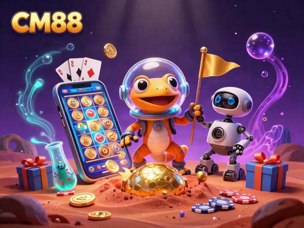 Experience the thrill of CM88 with a vibrant scene showcasing a Martian gecko and a golden casino.