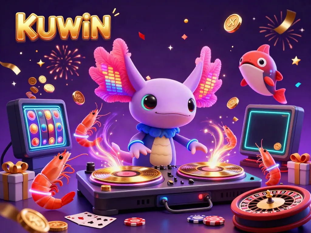 Experience the vibrant KUWIN online casino scene with colorful characters and thrilling game visuals.
