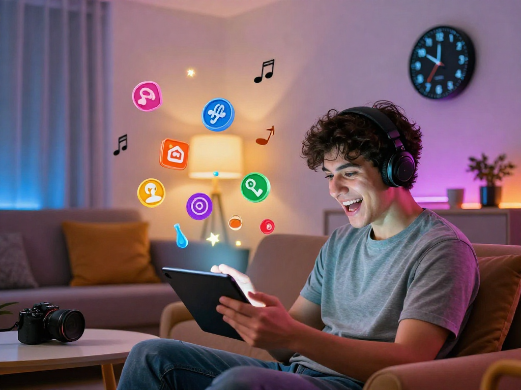 Giovane adulto gioca su tablet in un vivace ambiente di siti non AAMS, illuminato da luci moderne.