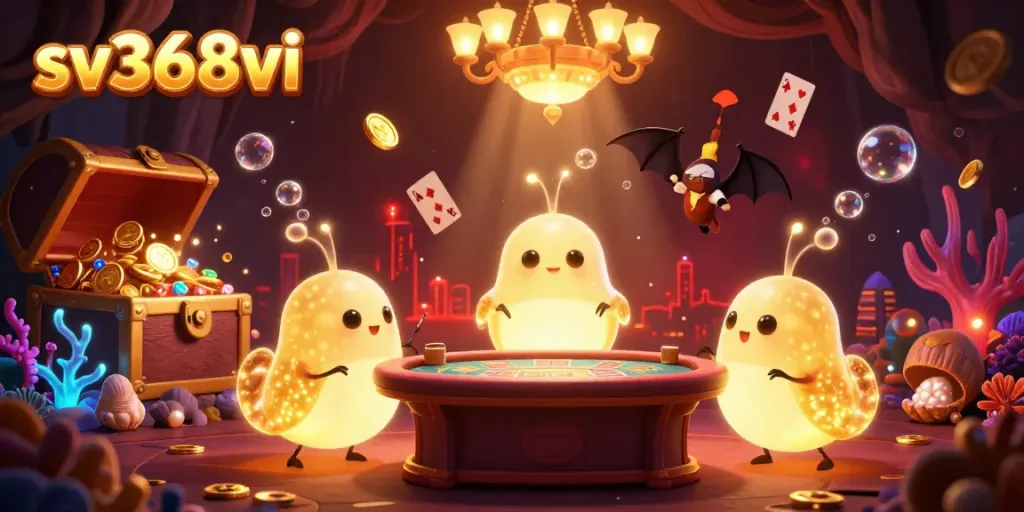 Experience the thrill at sv368vi with a vibrant cave casino illuminated by glowing characters and treasures.