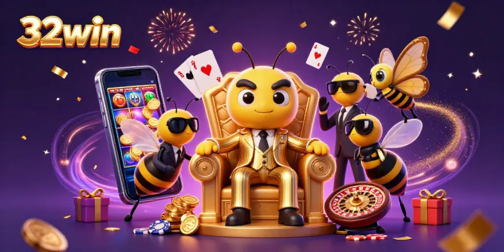 Experience exciting gameplay with 32win's colorful casino scene, featuring characters and vibrant game elements.