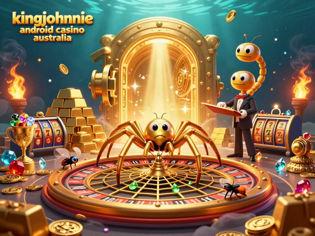 Experience the excitement of the kingjohnnie android casino australia with a dynamic 3D scene of a roulette wheel and playful characters.