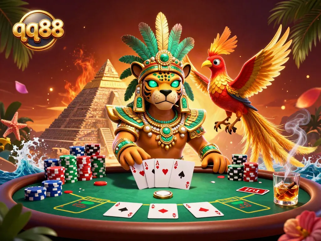 Experience thrilling poker action with qq88's vibrant 3D Mayan-themed characters and elements.