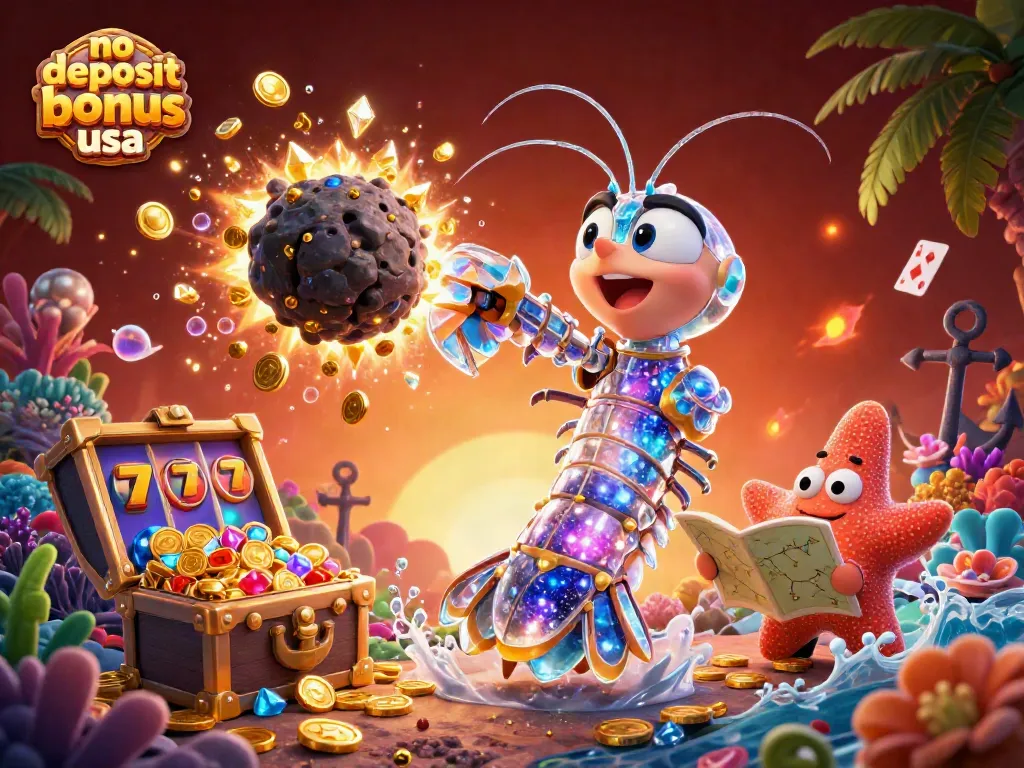 No deposit bonus casino USA illustration featuring a galactic mantis shrimp, slot reels, and treasure with vibrant detail.
