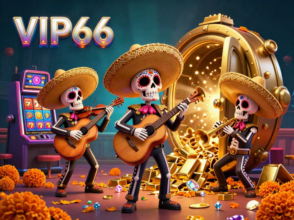 Experience the excitement of VIP66 with vibrant skeleton mariachi in a casino-themed environment.
