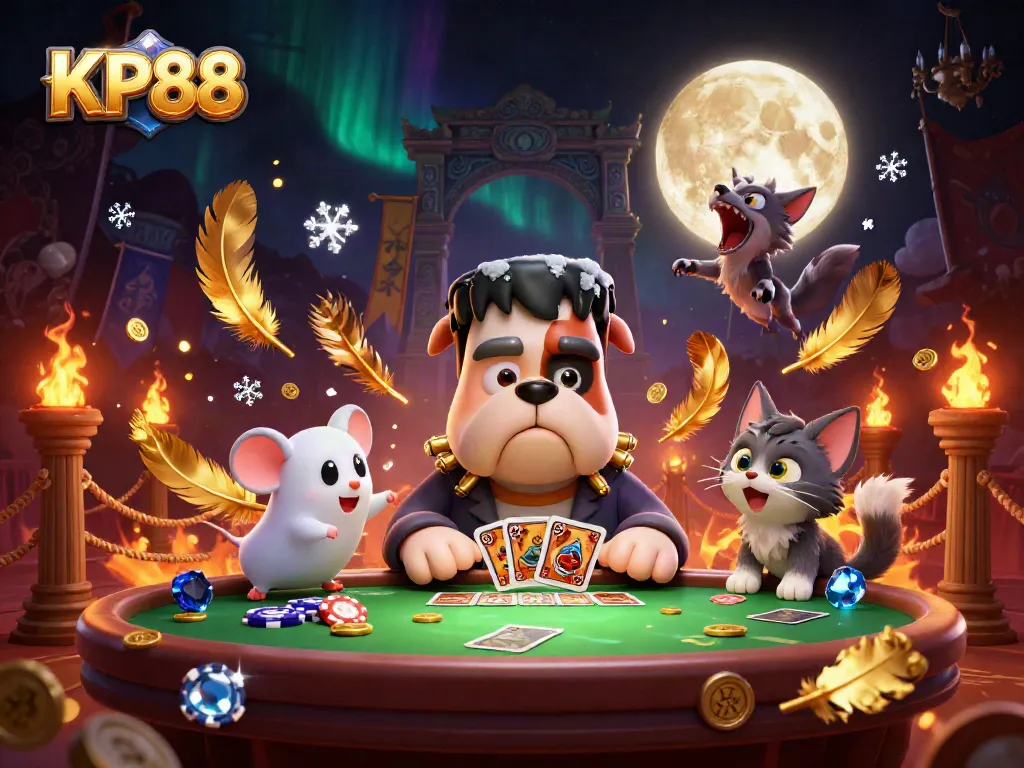 KP88 showcases a lively scene with a monster dealing cards at a haunted table, highlighting exciting casino action.