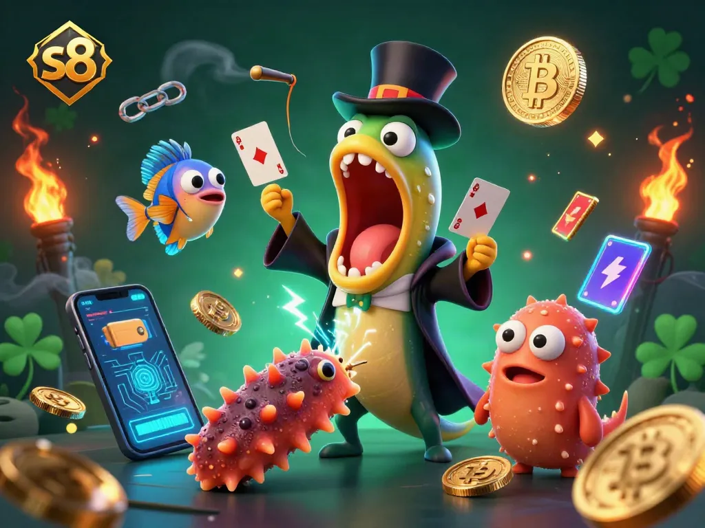 Engage with s8 casino adventures, as a magical eel performs tricks amidst vibrant crypto coins.