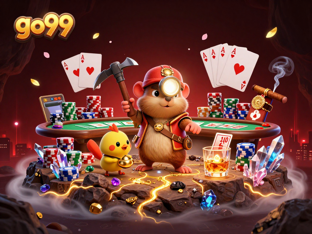 Join the treasure hunter mole in go99's vibrant underground casino scene filled with golden treasures and poker excitement.