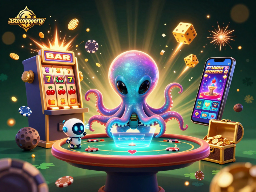 Experience a thrilling gaming adventure with astecoproperty's vibrant 3D casino scene featuring an alien octopus.
