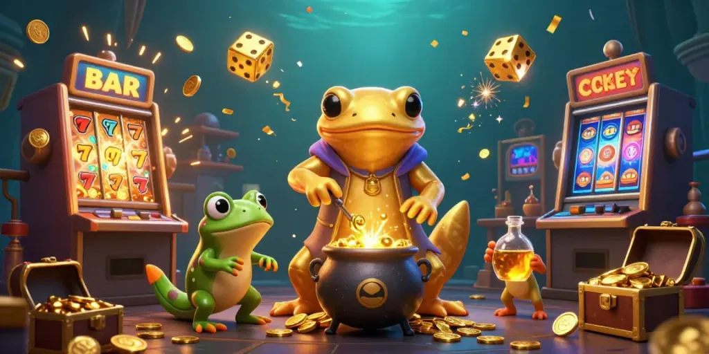 Experience thrilling gaming action with 88vbet, featuring alchemists and gold coins in a vibrant casino scene.