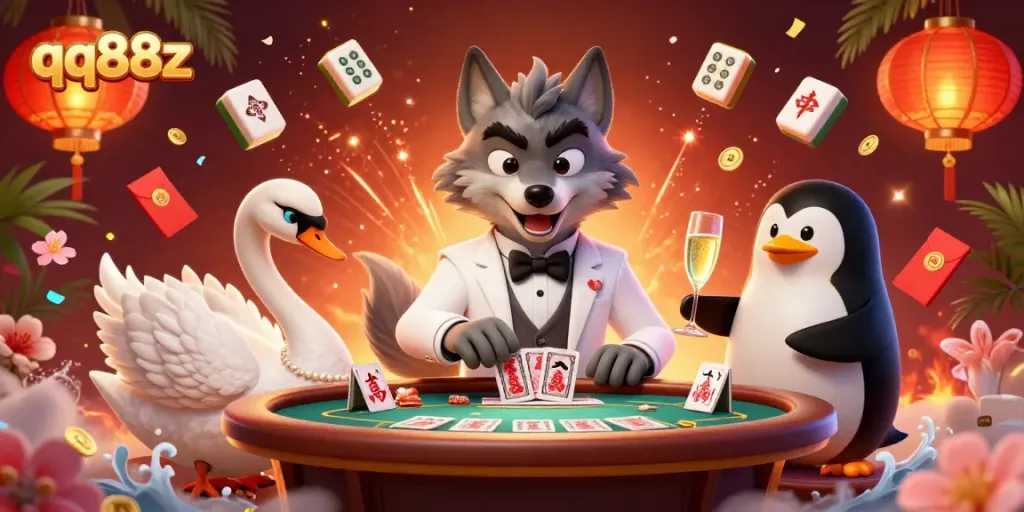 Engage in thrilling baccarat with qq88z featuring cartoon characters and vibrant casino elements.