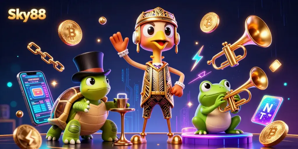 Engage with Sky88's thrilling casino atmosphere featuring vibrant characters and cryptocurrencies.