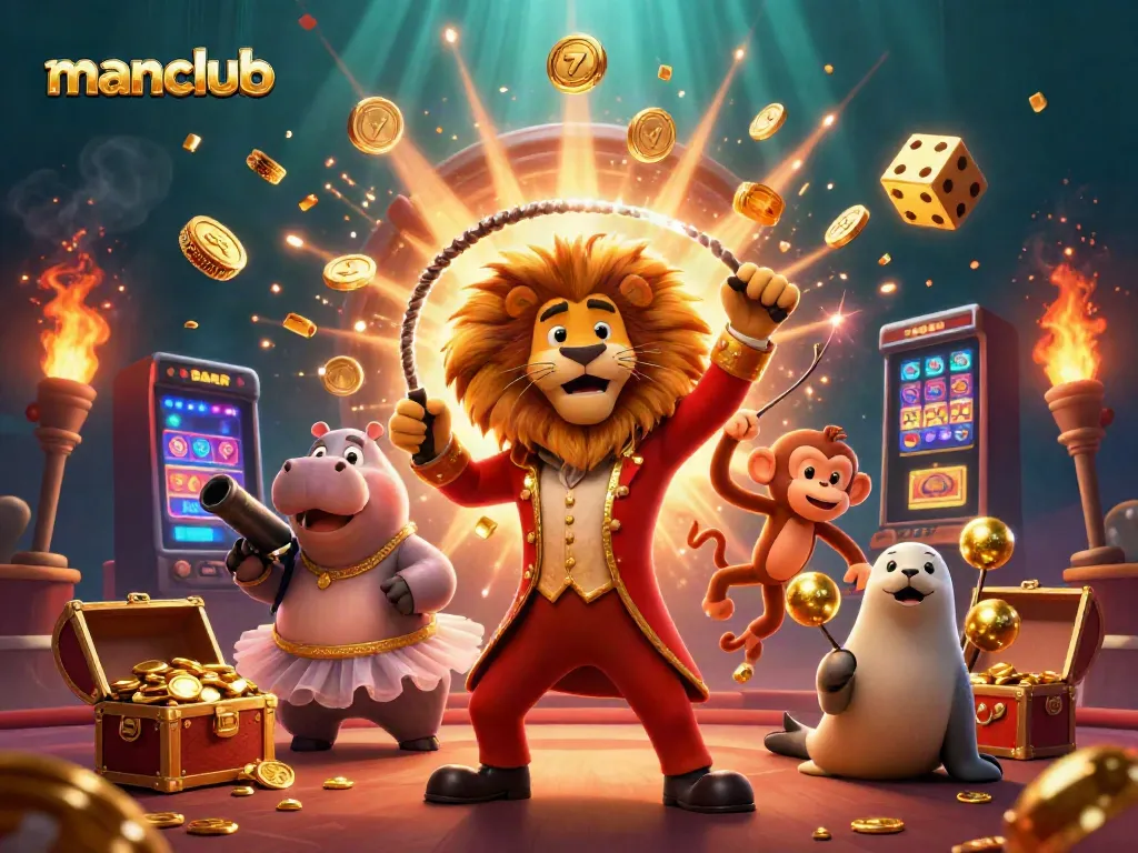 Engage in the thrilling manclub slot experience with vibrant characters, massive jackpots, and festive casino elements.