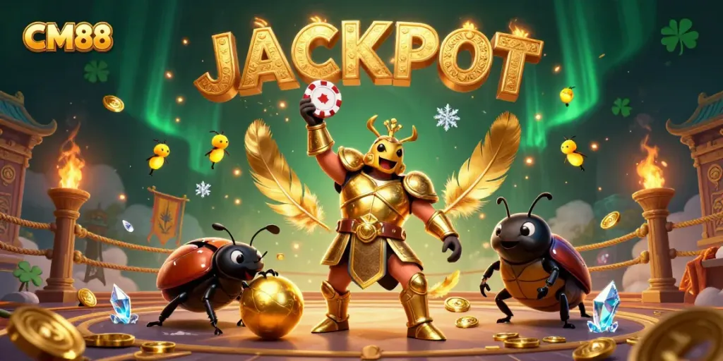 Experience the thrill of CM88 with a victorious beetle character amidst a vibrant casino scene.