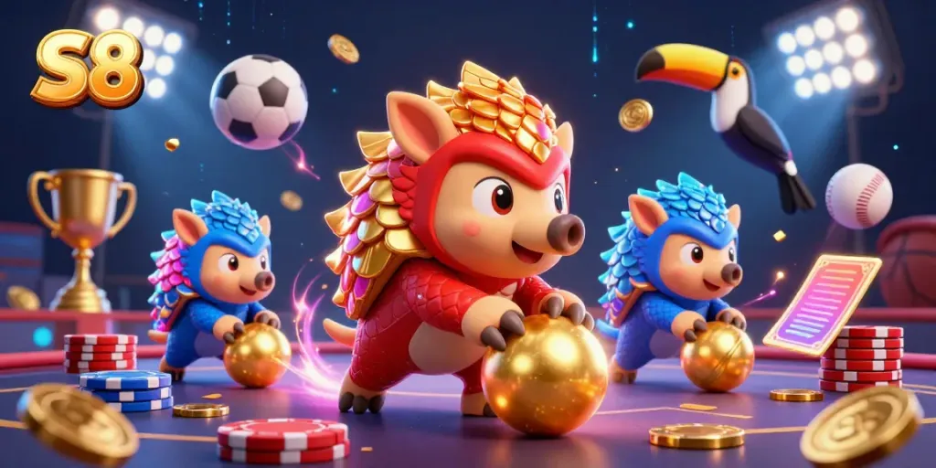 Engage in thrilling casino action with S8 as pangolins roll golden balls through poker chips in an electrifying game.