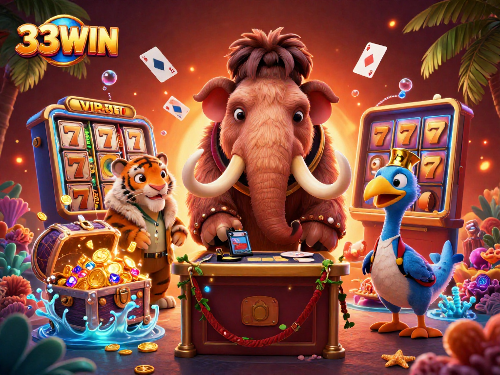 Engage with 33WIN's vibrant casino experience featuring a bouncer, VIP guests, and lively gaming elements.