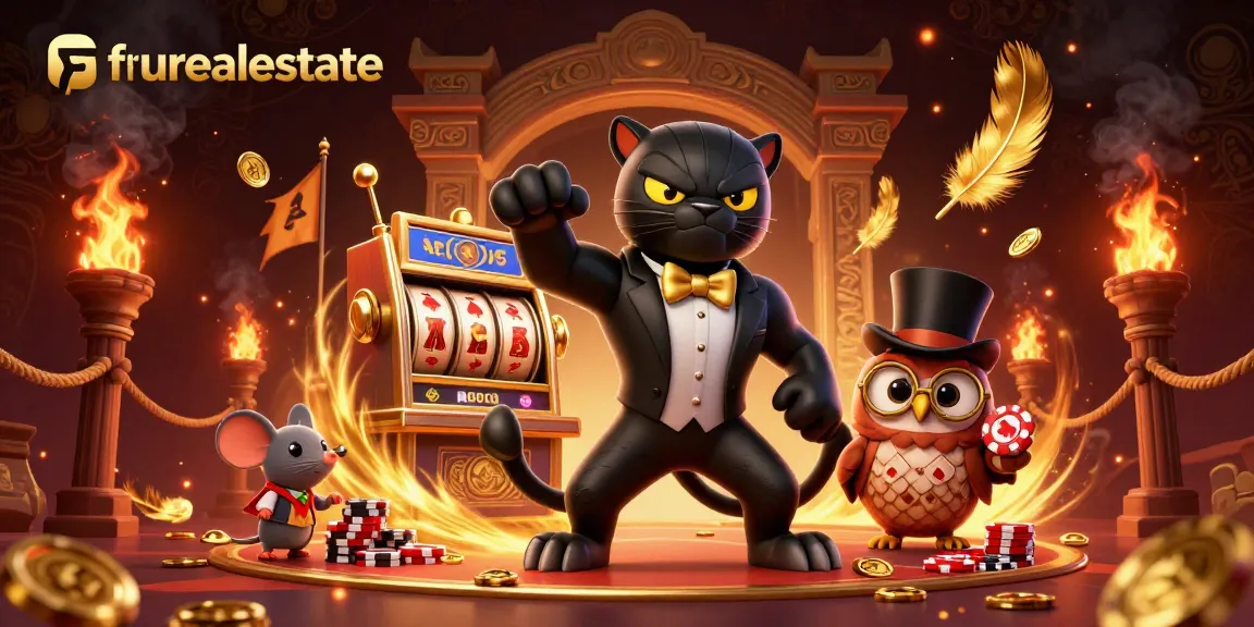 fsurealestate scene with a black panther elegantly dealing slot machine reels in a vibrant casino