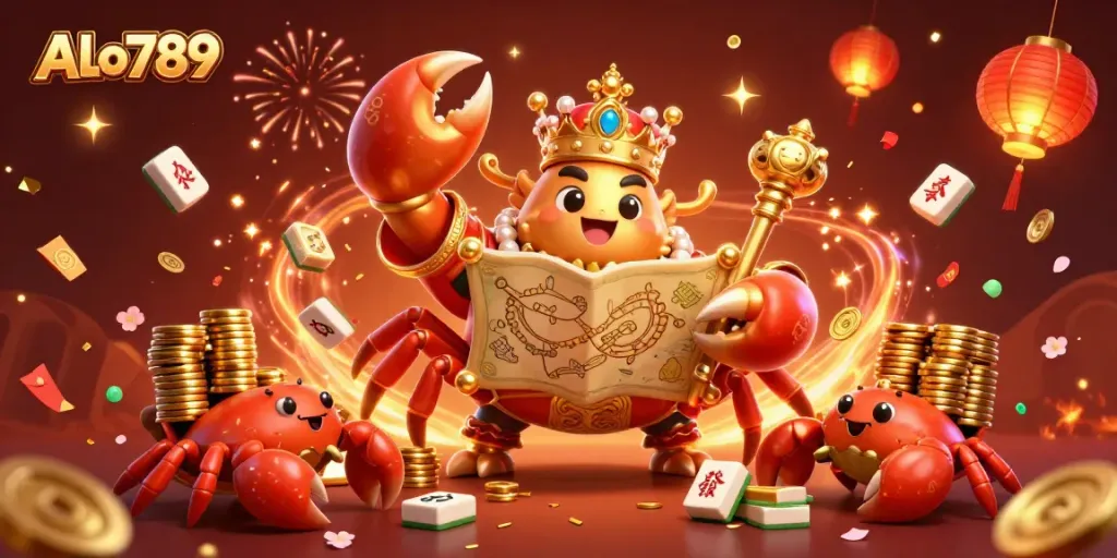 Experience the excitement of ALo789 with a golden crab emperor in a vibrant casino scene filled with game elements and festive decorations.