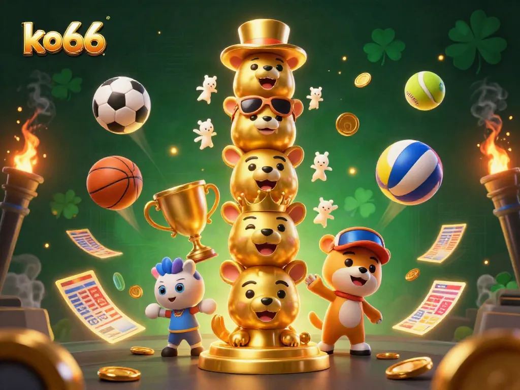 Experience exciting gameplay at ko66 with dynamic sports elements, golden trophies, and a vibrant casino atmosphere.