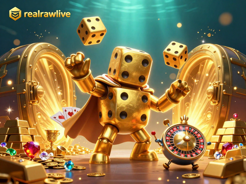 Realrawlive showcases a golden dice golem juggling dice amidst vibrant casino-themed treasures.