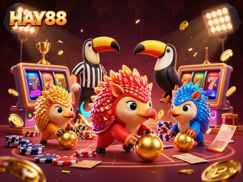 Engage with HAY88 as rival pangolins compete in a colorful gambling-themed 3D scene filled with excitement.