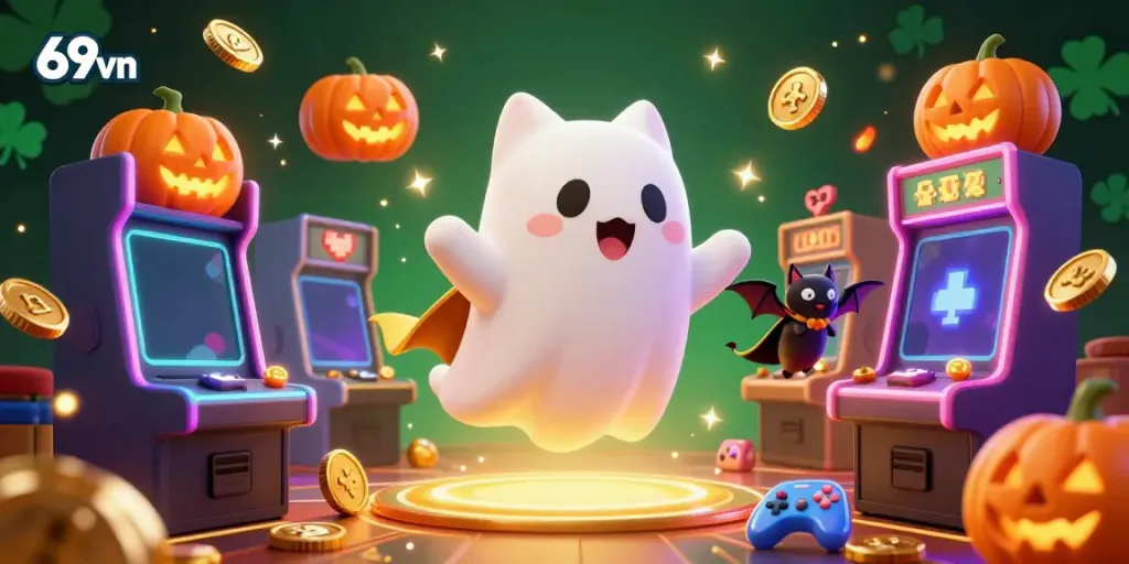 Join the fun with 69vn as the ghost cat and bat navigate a bustling casino scene filled with gaming excitement.