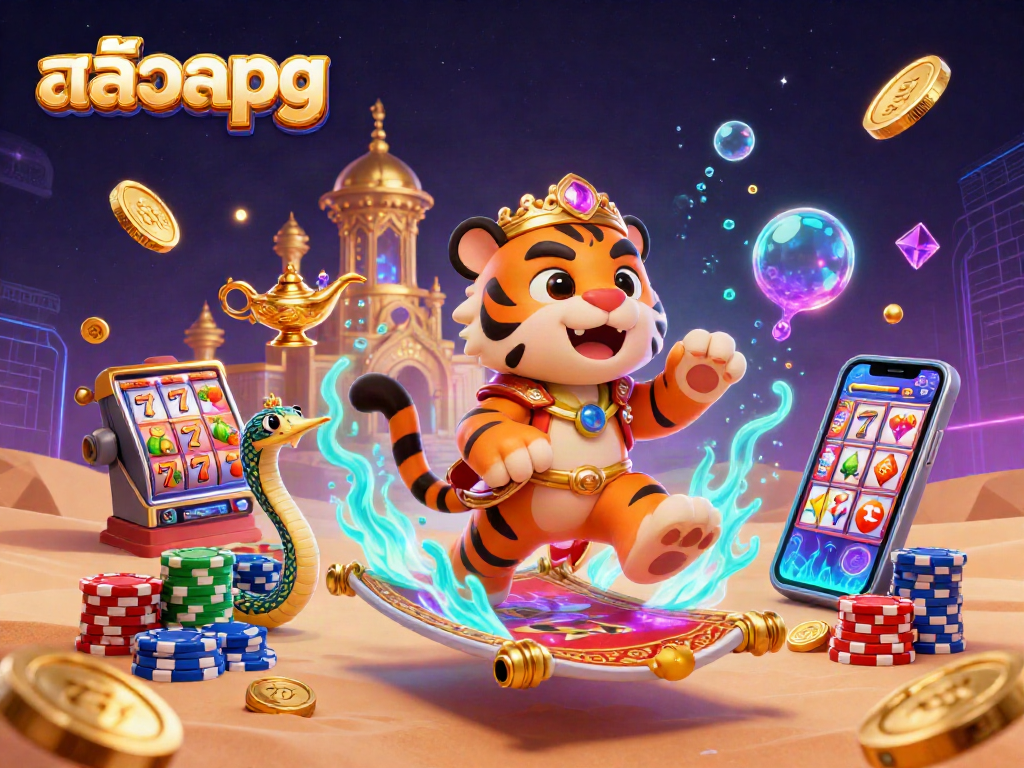 Engage with สล็อตpg in an ultra-detailed 3D casino scene featuring a tiger sultan and magical elements.