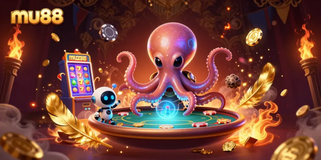 Play thrilling games at MU88 with a vibrant scene featuring an alien octopus and a robot at a poker table.