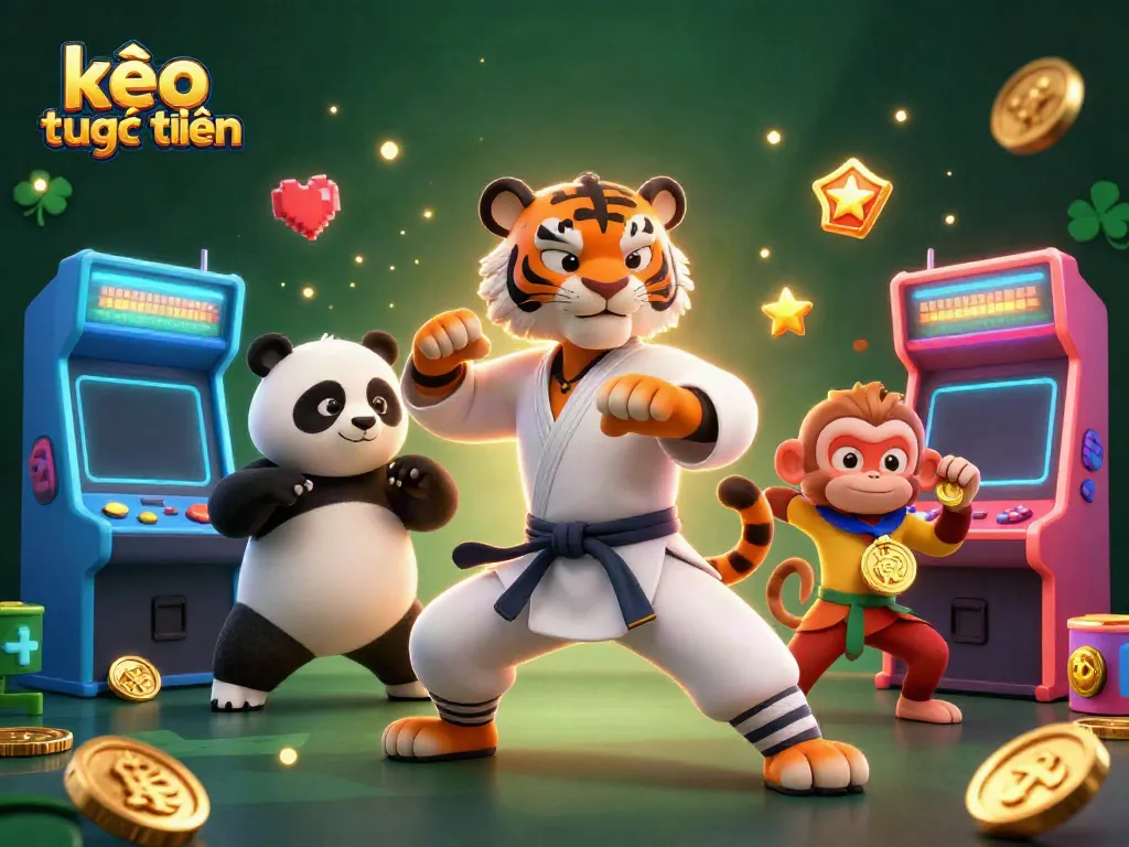 Engage with kèo trực tuyến as a kung fu tiger trains while playful characters add casino flair.