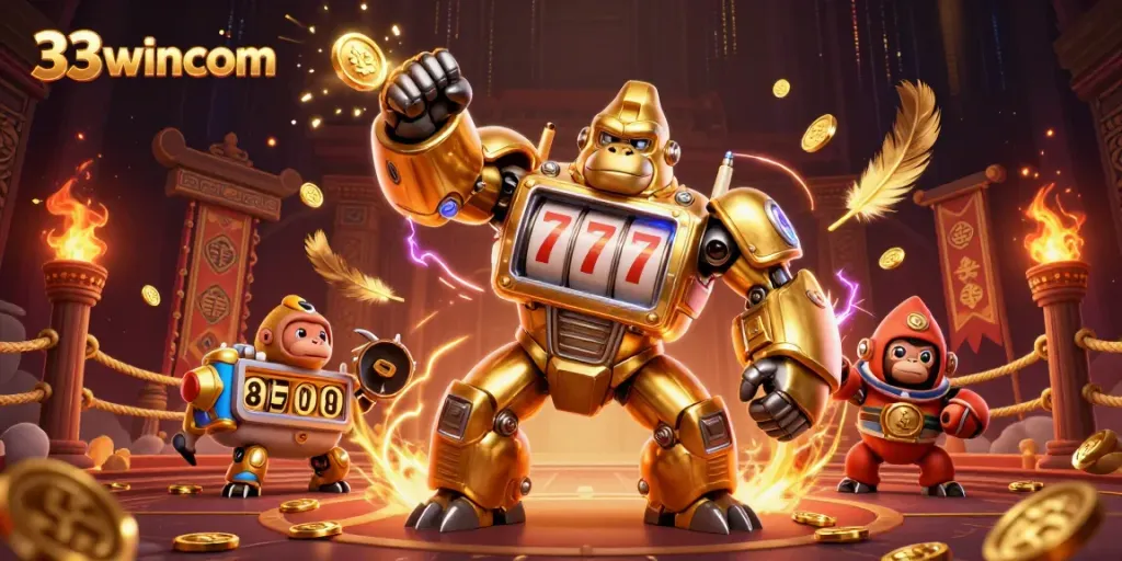Engage with the thrilling dynamics of 33wincom's online gaming world featuring a gold mech and slot machines.