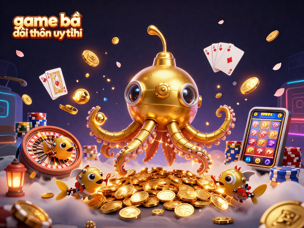 Experience the excitement of game bài đổi thưởng uy tín with a vibrant 3D golden kraken submarine amidst coins and casino elements.