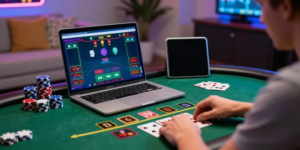 Exciting Casino En Ligne experience with a player engaging in live dealer blackjack at home.