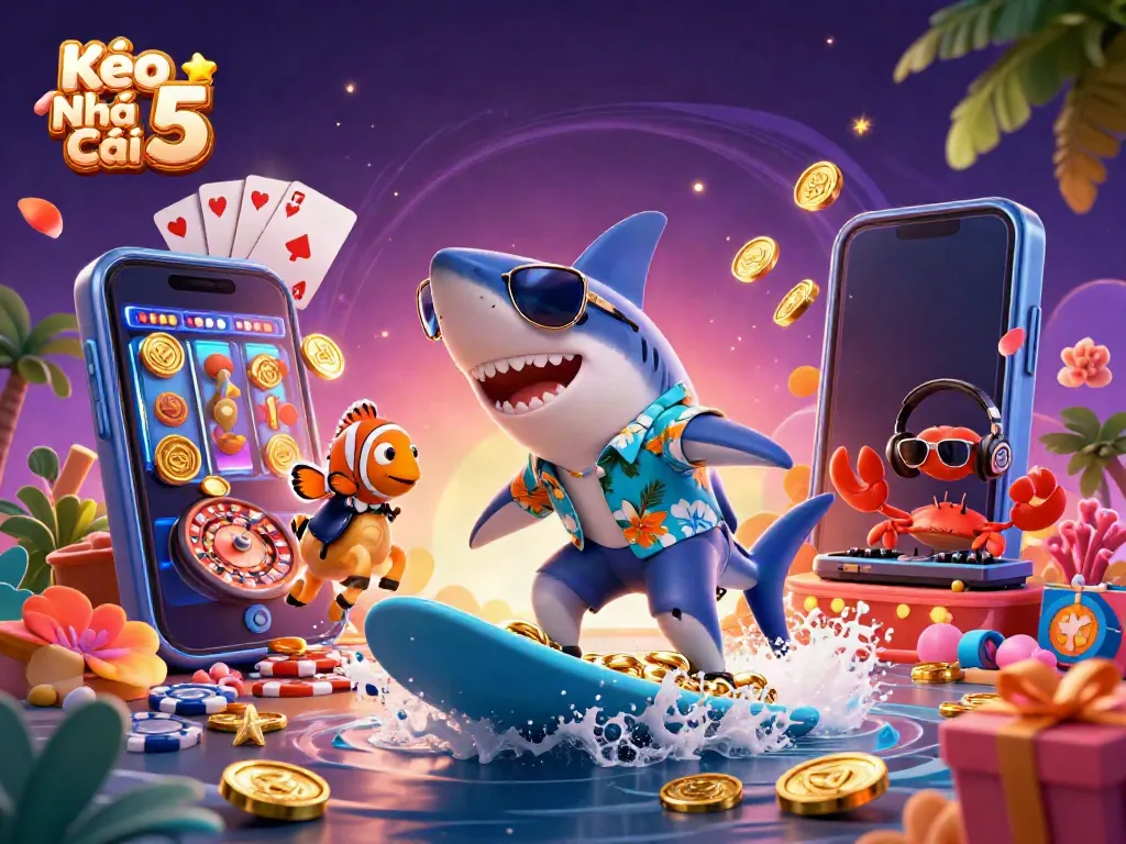 Experience the excitement of Kèo Nhà Cái 5 with the playful shark surfing on gold coins.