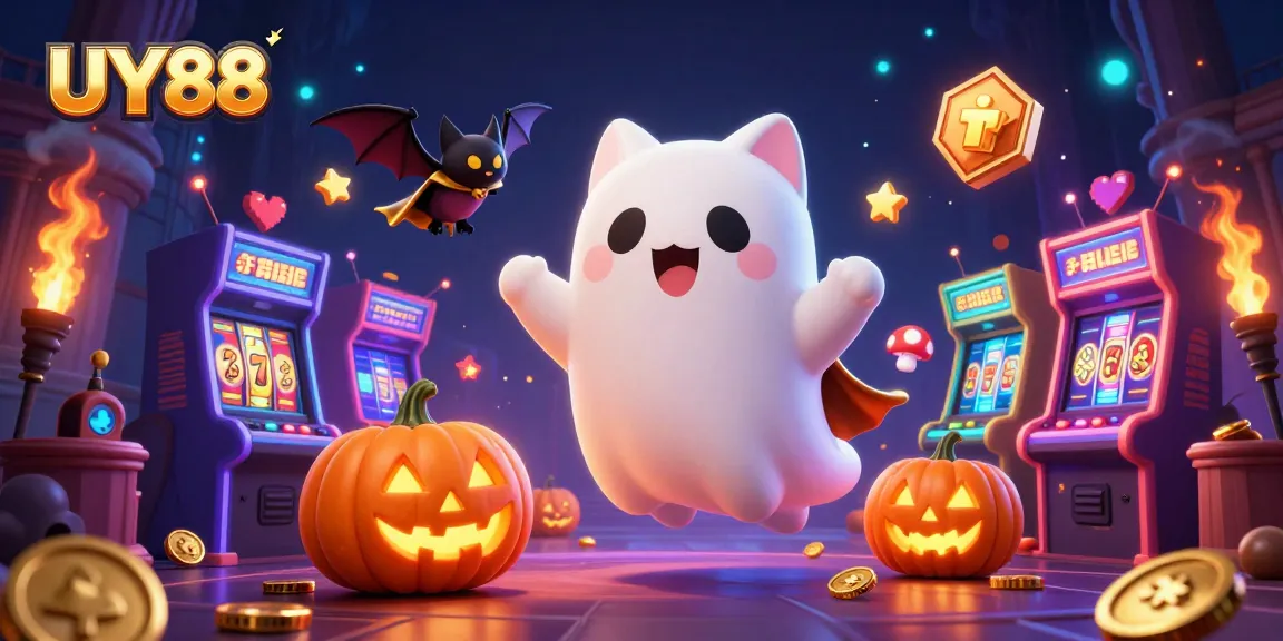 Experience UY88 thrills with a ghost cat in a haunted casino, slot machines, and glowing jack-o-lanterns.