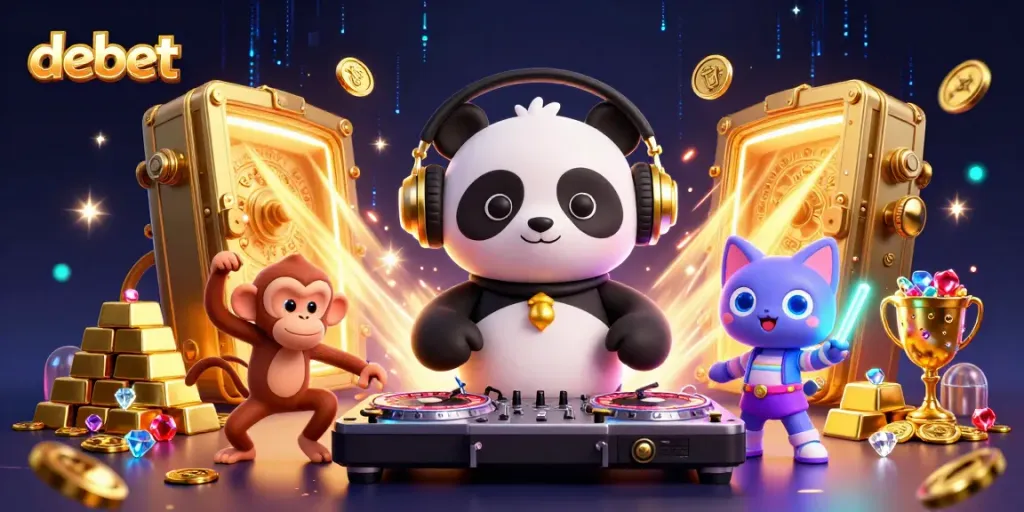 Experience thrilling gaming energy with Debet's vibrant casino scene featuring playful characters and exciting treasures.