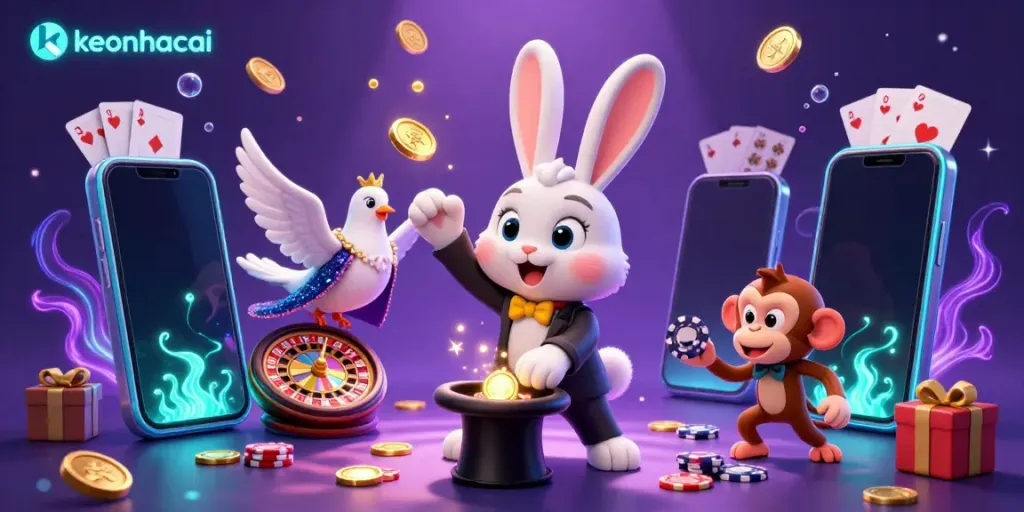 Experience thrilling fun with keonhacai as a magician rabbit pulls out golden coins while a monkey interrupts with poker chips.