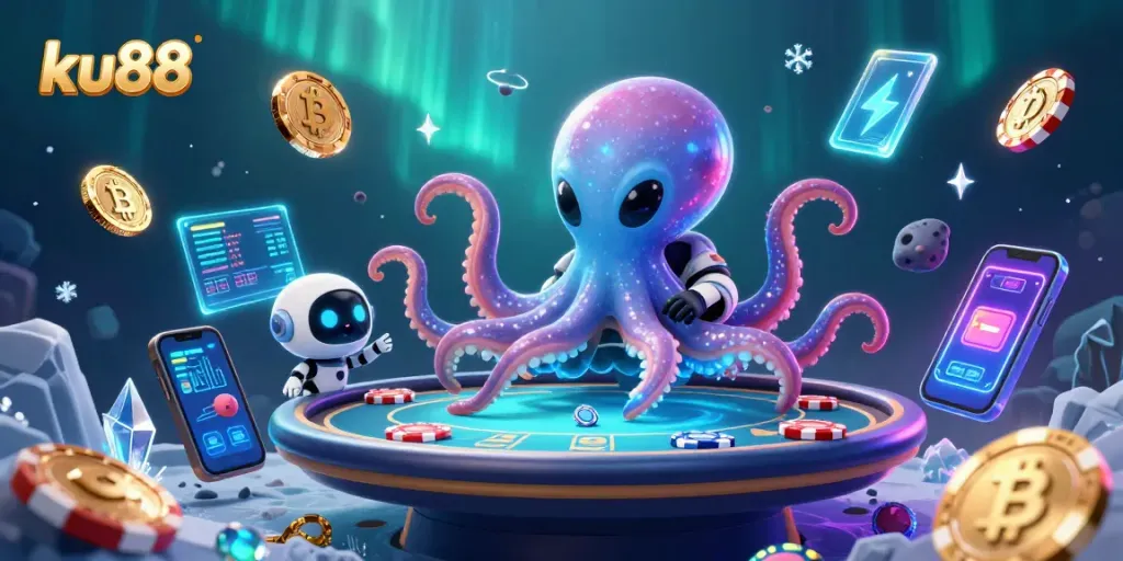 Join the excitement at ku88 with an alien octopus mastering holographic poker!