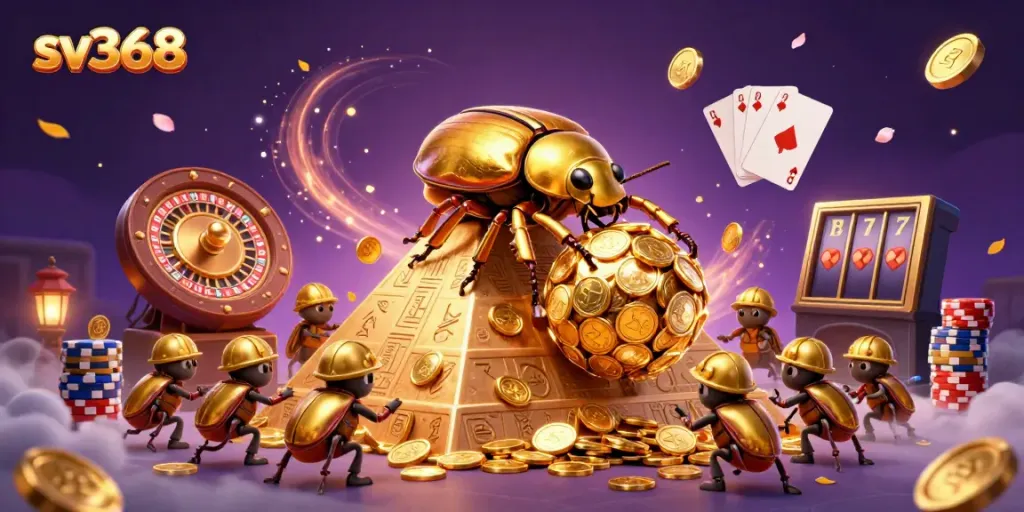 Experience the thrilling world of sv368 with iconic golden beetles, coins, and casino symbols.