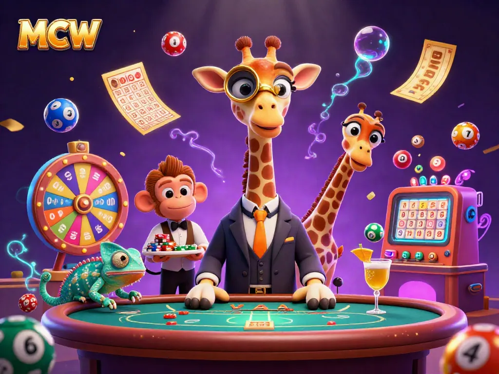 Experience the thrill of gambling with MCW as a giraffe and friends celebrate at a vibrant casino table.