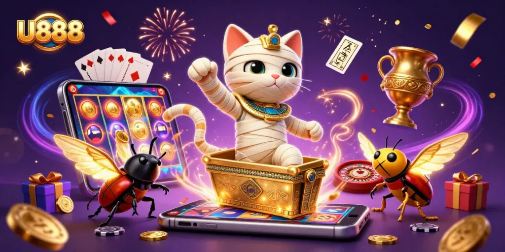 U888 Egyptian mummy cat bursts with golden coins, showcasing vibrant casino action.
