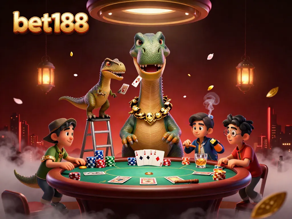 Engage with bet188 in a vibrant casino scene featuring a dinosaur dealer and dynamic poker setup.