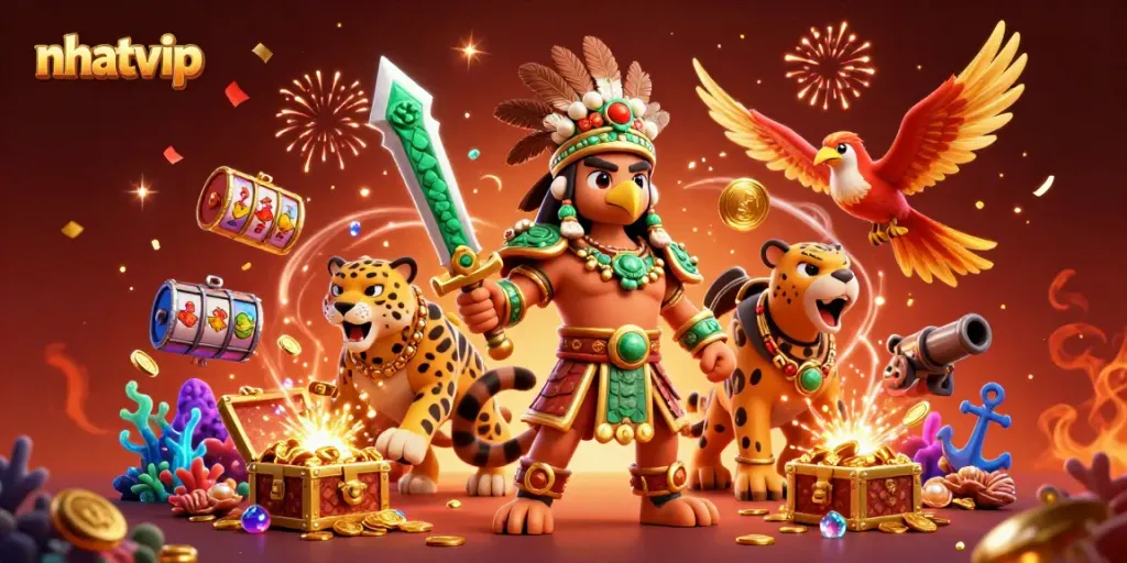 Engage in thrilling wins at Nhatvip with captivating 3D casino warriors amidst dazzling slot reels and treasures.
