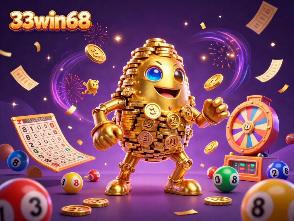 33win68 showcases a vibrant casino scene with a golden golem and colorful gambling elements, creating excitement.