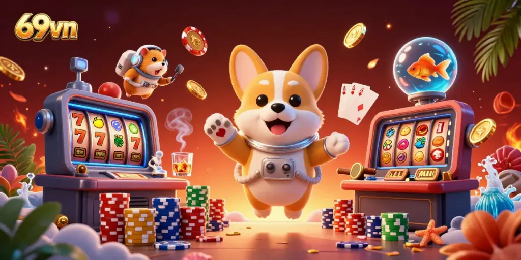 Catch the excitement of 69vn with an astronaut corgi in a vibrant space casino scene.