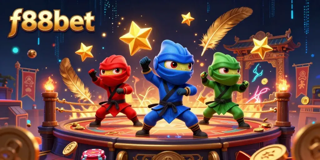 Experience thrilling gaming action with f88bet as vibrant chameleons showcase their martial arts skills amidst a dynamic casino scene.