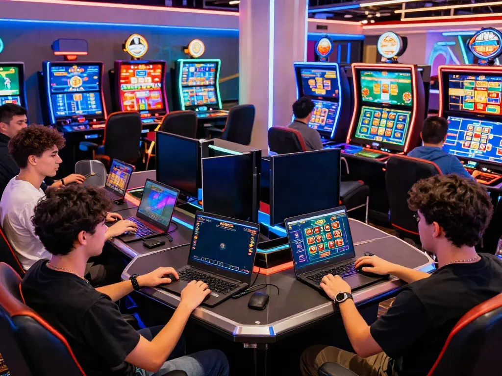 Engaging online gaming experience at KU88 showcasing players using various devices in a colorful casino environment.