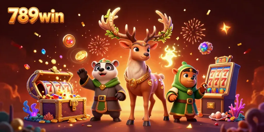 Experience the excitement of 789win with a 3D illustrated scene of casino-themed characters and elements.