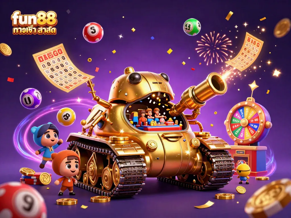 Experience excitement with fun88 ทางเข้า ล่าสุด featuring a dazzling casino in a golden beetle tank, bursting with lottery elements and vibrant confetti.