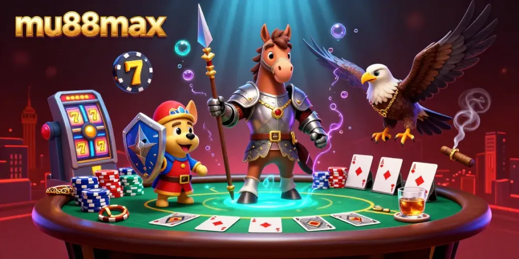 Engage with mu88max through immersive 3D casino action featuring a knight, squire, and poker elements.