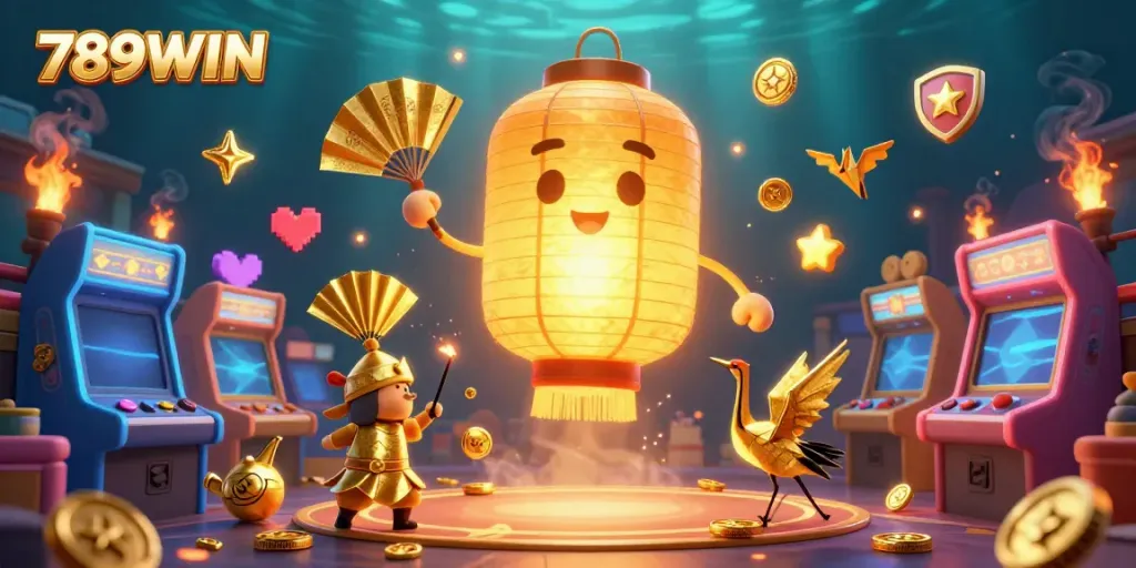 Enjoy thrilling gaming with vibrant 789WIN casino elements in a colorful 3D scene.